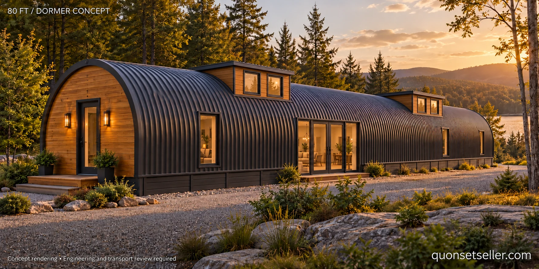 Concept rendering of a long steel arch home with double-window shed dormers and bronze-framed glass doors